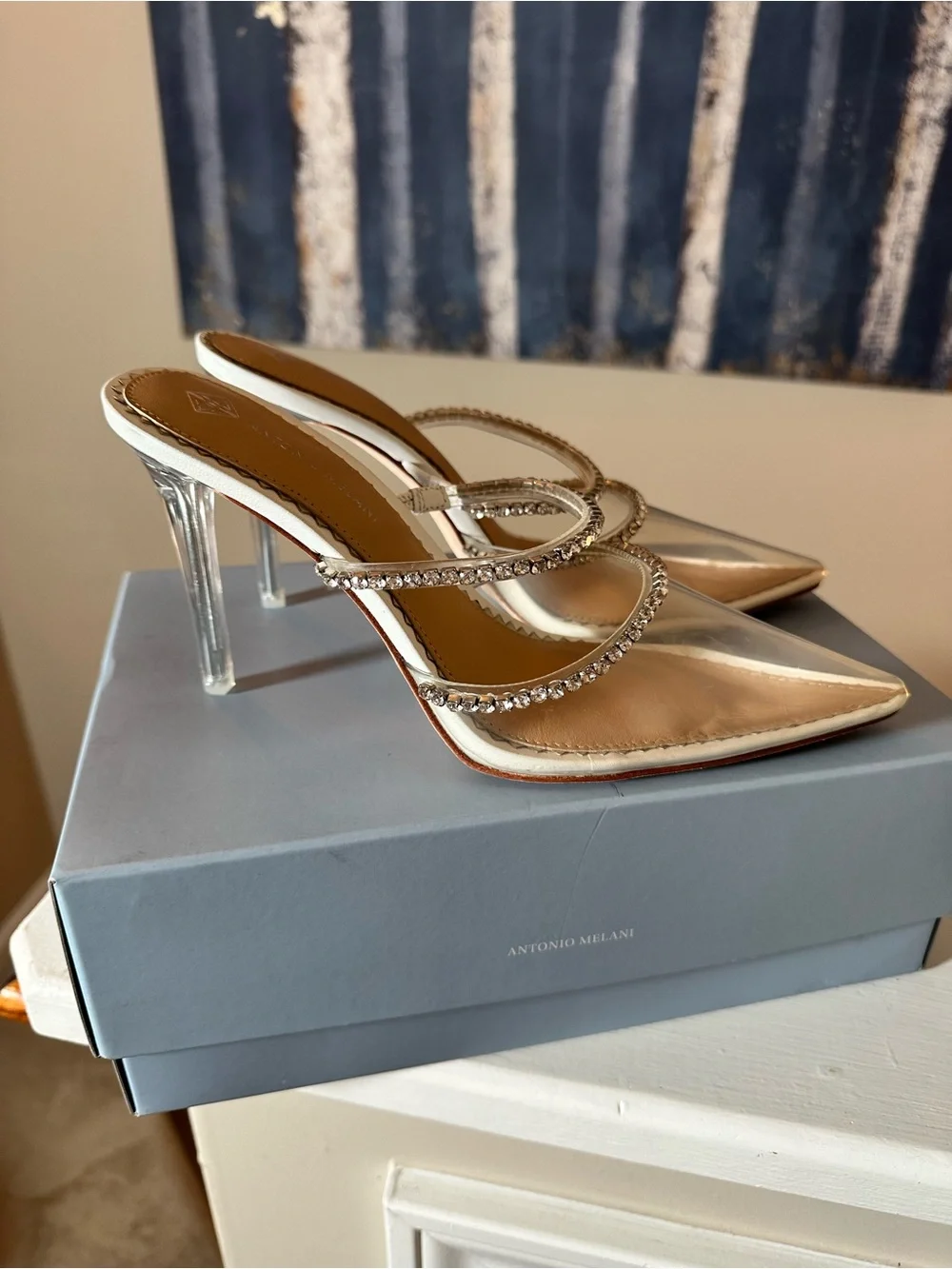 ANTONIO MELANI Nude Clear Rhinestone Strap Stiletto Mules
